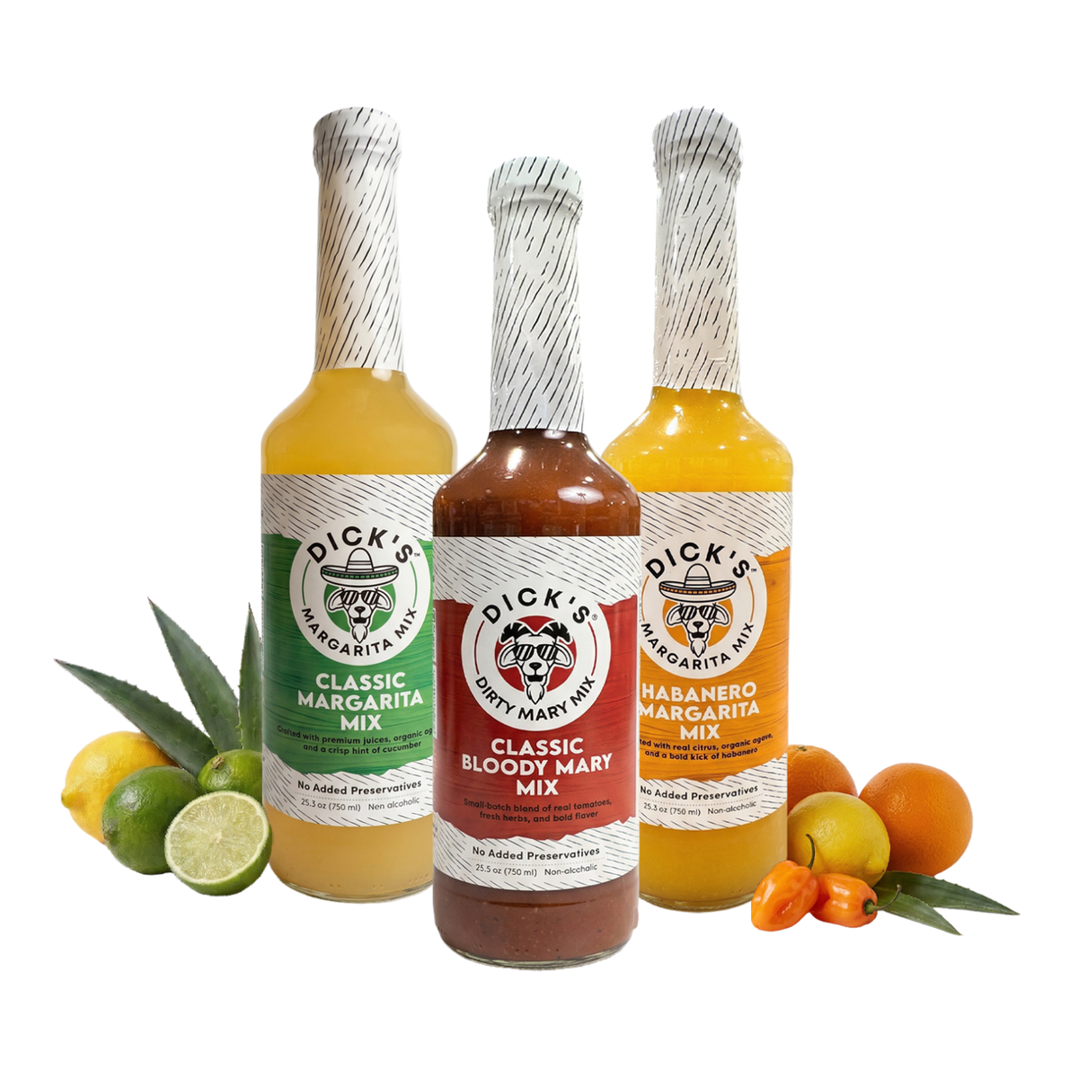 Dick's Mixes Classic Margarita, Classic Bloody Mary and Habanero Margarita mixers